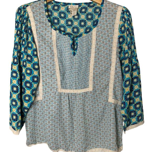 Matilda Jane Top Women's Medium Blue Yellow Kaleidoscope Cottagecore Peasant - Picture 1 of 6